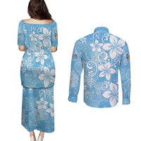 Fiji Tapa Pattern Couples Matching Puletasi and Long Sleeve Button Shirt Plumeria Floral LT01 - Polynesian Pride