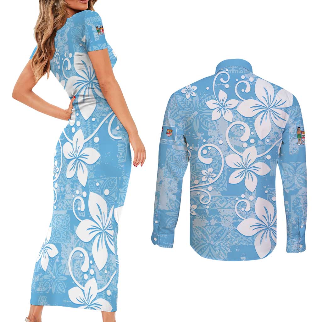 Fiji Tapa Pattern Couples Matching Short Sleeve Bodycon Dress and Long Sleeve Button Shirt Plumeria Floral LT01 - Polynesian Pride