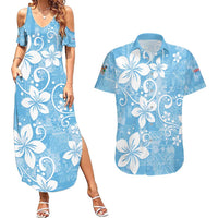 Fiji Tapa Pattern Couples Matching Summer Maxi Dress and Hawaiian Shirt Plumeria Floral LT01 Blue - Polynesian Pride