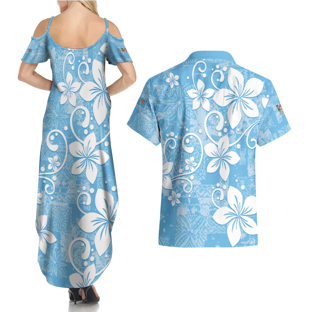 Fiji Tapa Pattern Couples Matching Summer Maxi Dress and Hawaiian Shirt Plumeria Floral LT01 - Polynesian Pride