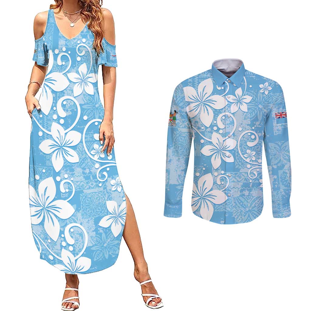 Fiji Tapa Pattern Couples Matching Summer Maxi Dress and Long Sleeve Button Shirt Plumeria Floral LT01 Blue - Polynesian Pride