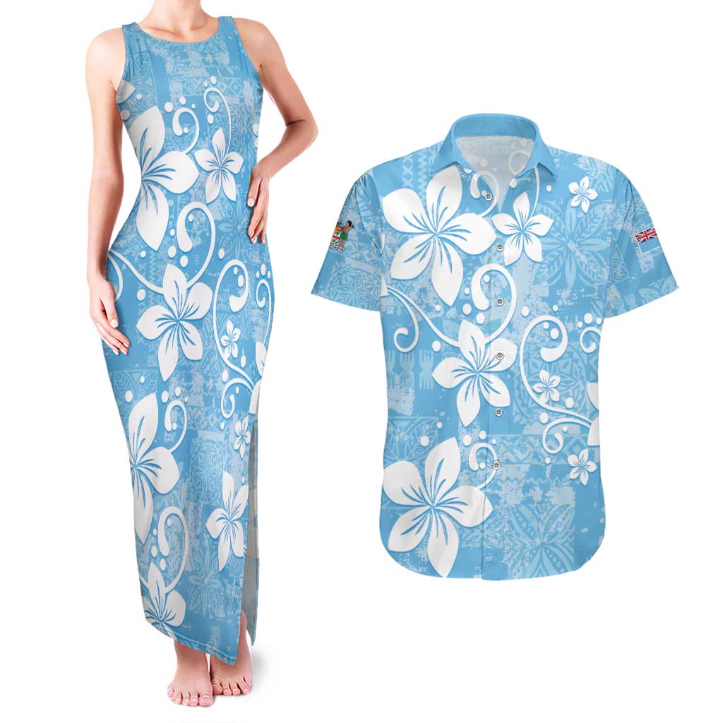 Fiji Tapa Pattern Couples Matching Tank Maxi Dress and Hawaiian Shirt Plumeria Floral LT01 Blue - Polynesian Pride