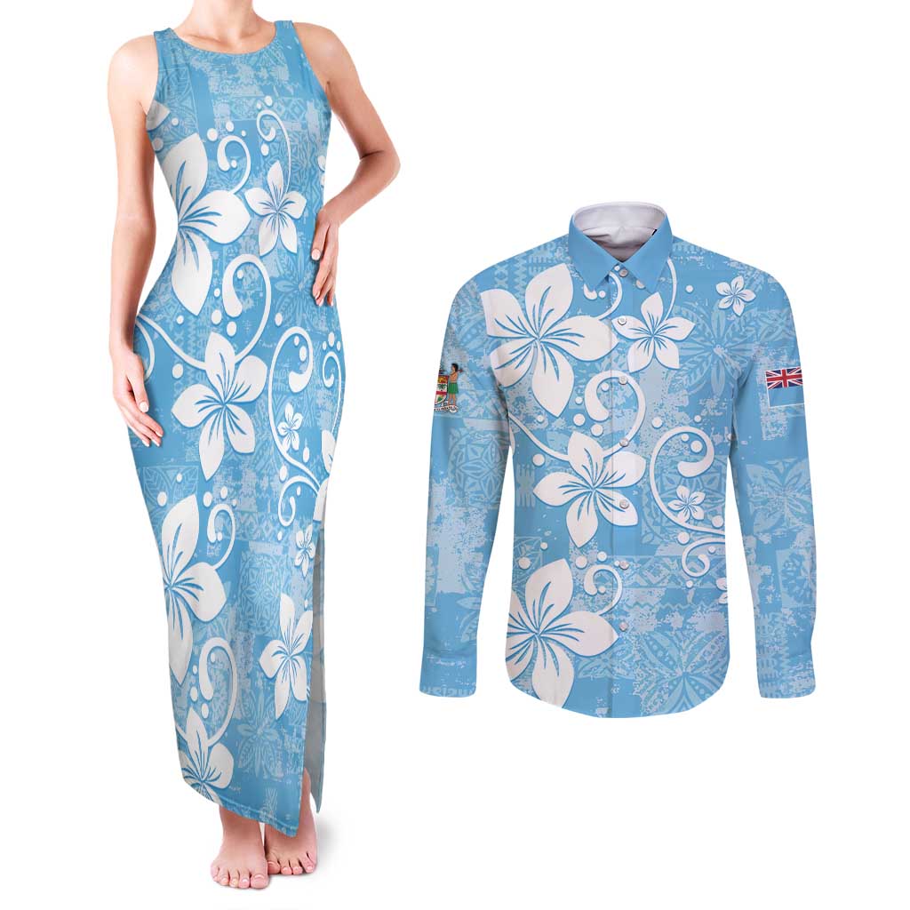 Fiji Tapa Pattern Couples Matching Tank Maxi Dress and Long Sleeve Button Shirt Plumeria Floral LT01 Blue - Polynesian Pride