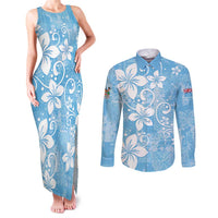 Fiji Tapa Pattern Couples Matching Tank Maxi Dress and Long Sleeve Button Shirt Plumeria Floral LT01 Blue - Polynesian Pride
