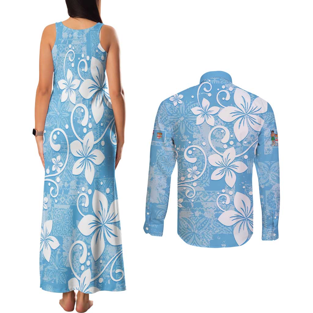 Fiji Tapa Pattern Couples Matching Tank Maxi Dress and Long Sleeve Button Shirt Plumeria Floral LT01 - Polynesian Pride