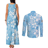 Fiji Tapa Pattern Couples Matching Tank Maxi Dress and Long Sleeve Button Shirt Plumeria Floral LT01 - Polynesian Pride