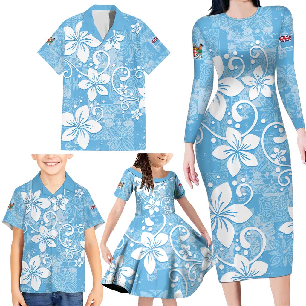 Fiji Tapa Pattern Family Matching Long Sleeve Bodycon Dress and Hawaiian Shirt Plumeria Floral