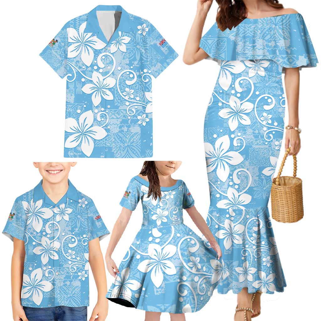 Fiji Tapa Pattern Family Matching Mermaid Dress and Hawaiian Shirt Plumeria Floral