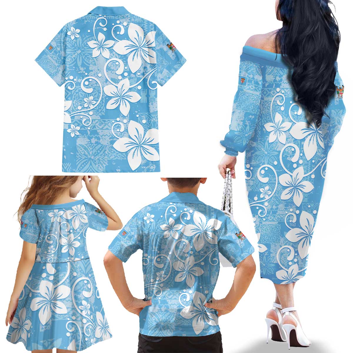 Fiji Tapa Pattern Family Matching Off The Shoulder Long Sleeve Dress and Hawaiian Shirt Plumeria Floral