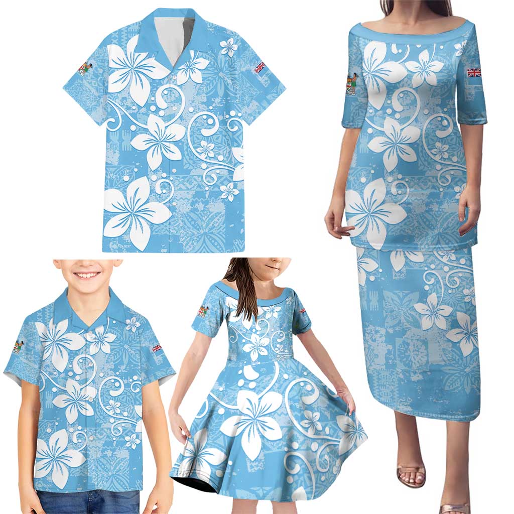 Fiji Tapa Pattern Family Matching Puletasi and Hawaiian Shirt Plumeria Floral