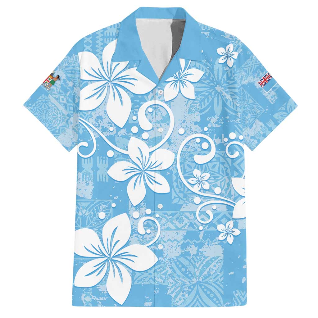 Fiji Tapa Pattern Family Matching Puletasi and Hawaiian Shirt Plumeria Floral LT01 Dad's Shirt - Short Sleeve Blue - Polynesian Pride