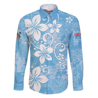 Fiji Tapa Pattern Family Matching Puletasi and Hawaiian Shirt Plumeria Floral LT01 Dad's Shirt - Long Sleeve Blue - Polynesian Pride