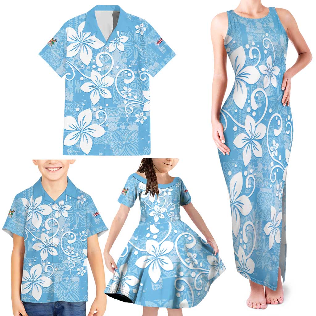 Fiji Tapa Pattern Family Matching Tank Maxi Dress and Hawaiian Shirt Plumeria Floral