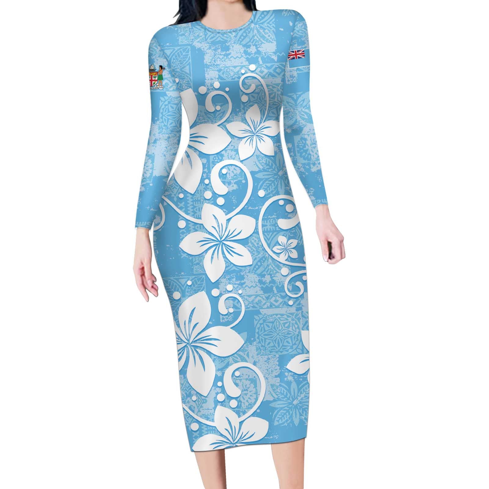 Fiji Tapa Pattern Long Sleeve Bodycon Dress Plumeria Floral