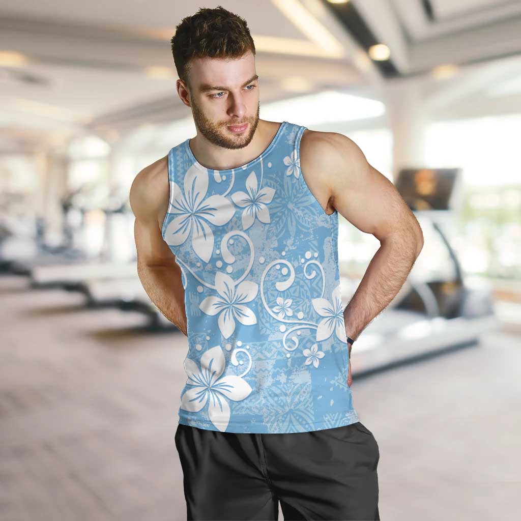 Fiji Tapa Pattern Men Tank Top Plumeria Floral LT01 Blue - Polynesian Pride