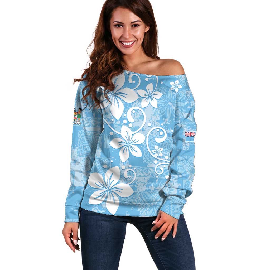 Fiji Tapa Pattern Off Shoulder Sweater Plumeria Floral