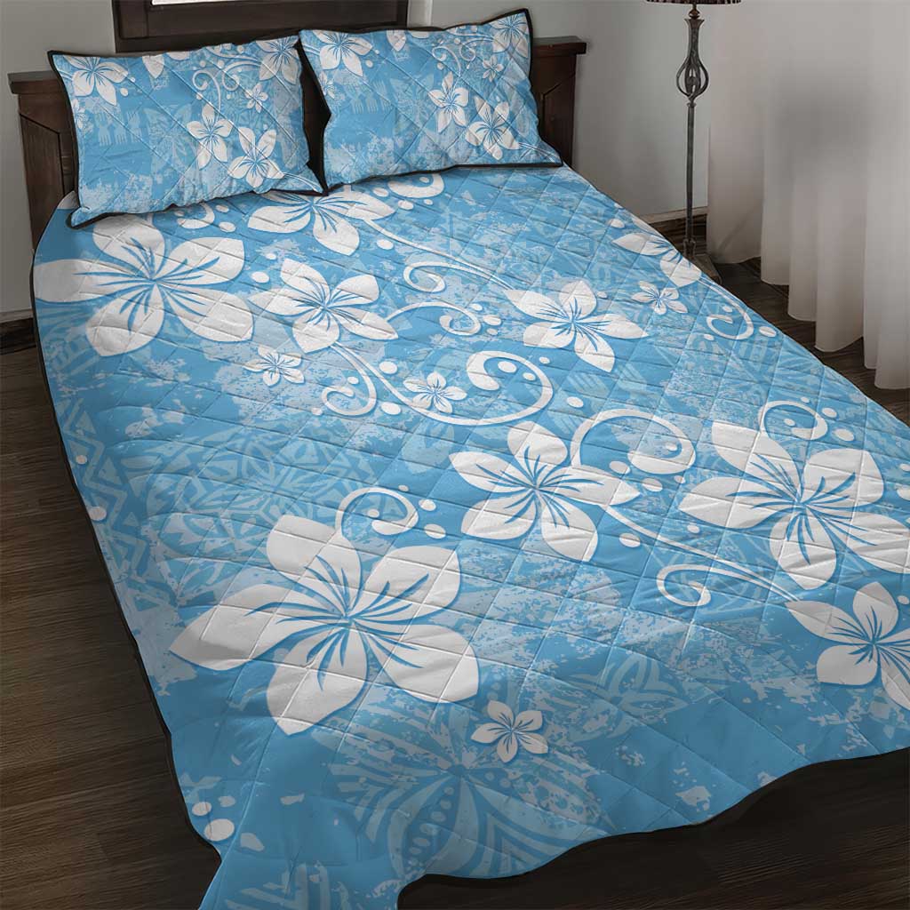Fiji Tapa Pattern Quilt Bed Set Plumeria Floral LT01 Blue - Polynesian Pride