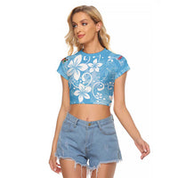 Fiji Tapa Pattern Raglan Cropped T Shirt Plumeria Floral LT01 Female Blue - Polynesian Pride