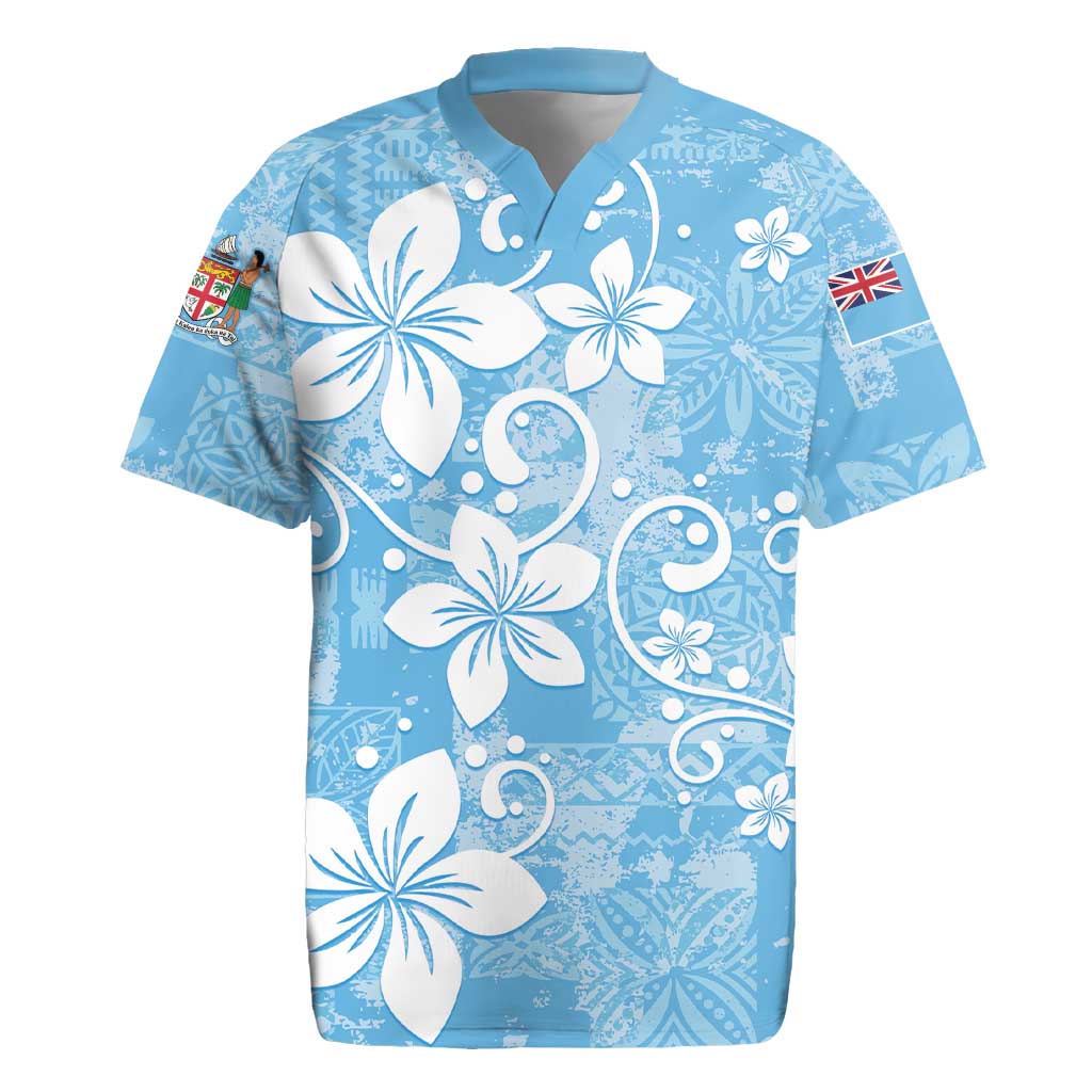 Fiji Tapa Pattern Rugby Jersey Plumeria Floral LT01 Blue - Polynesian Pride