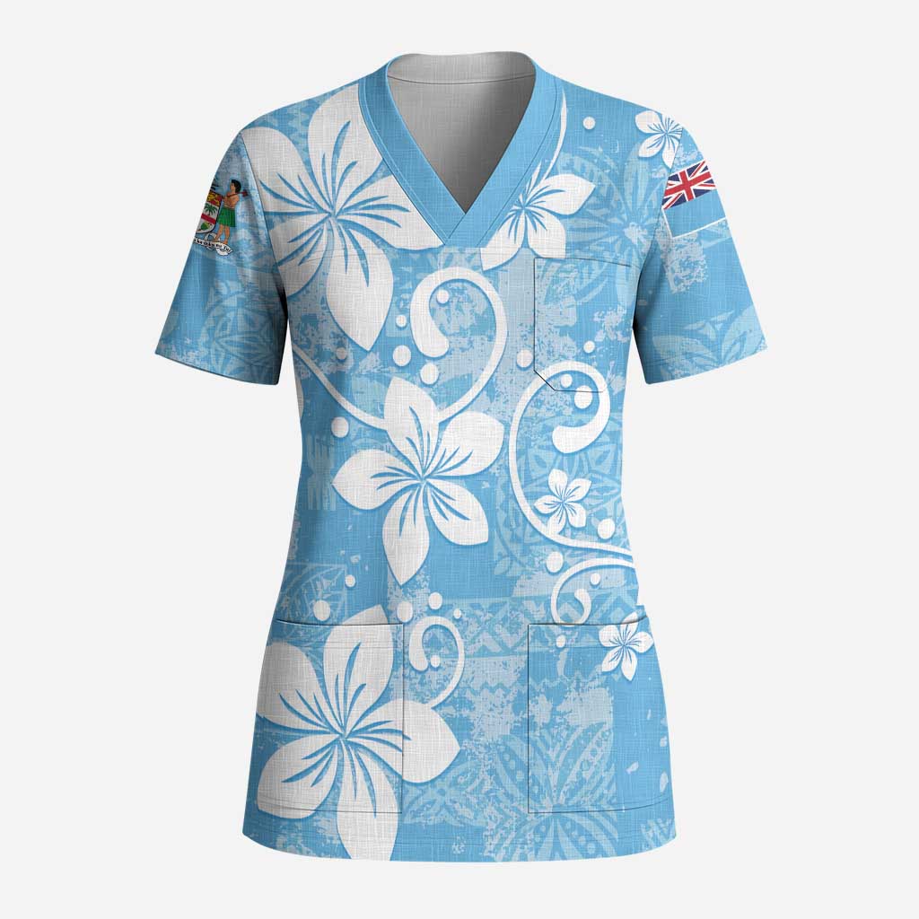 Fiji Tapa Pattern Scrub Top Plumeria Floral LT01 Adult Blue - Polynesian Pride