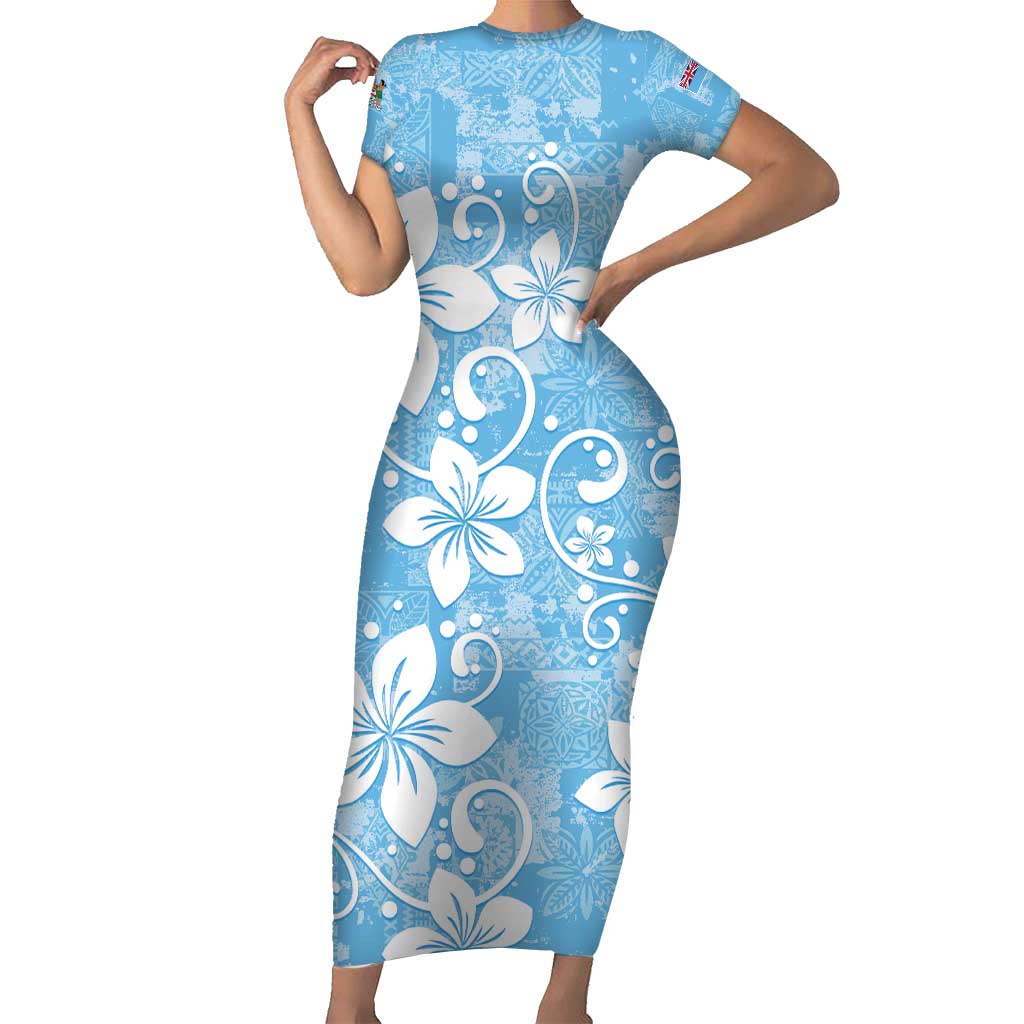 Fiji Tapa Pattern Short Sleeve Bodycon Dress Plumeria Floral