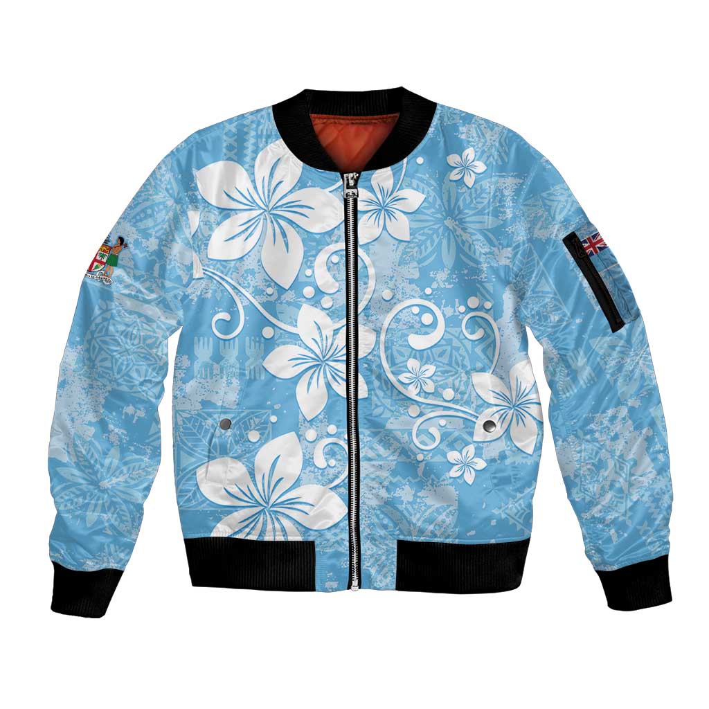 Fiji Tapa Pattern Sleeve Zip Bomber Jacket Plumeria Floral