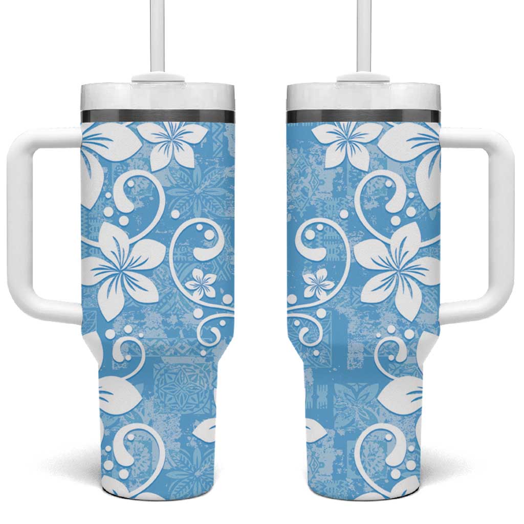 Fiji Tapa Pattern Tumbler With Handle Plumeria Floral LT01 One Size: 40 oz Blue - Polynesian Pride