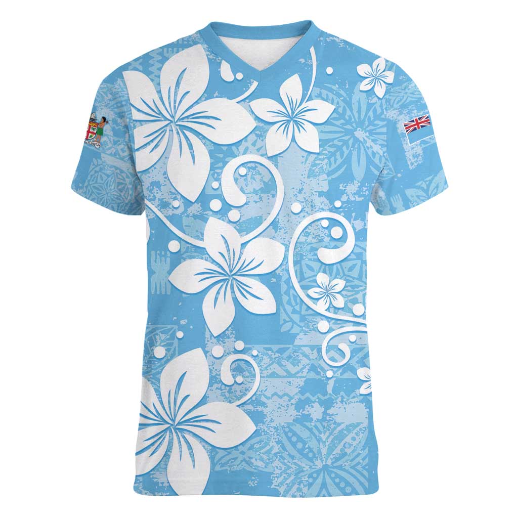 Fiji Tapa Pattern Women V-Neck T-Shirt Plumeria Floral LT01 Female Blue - Polynesian Pride