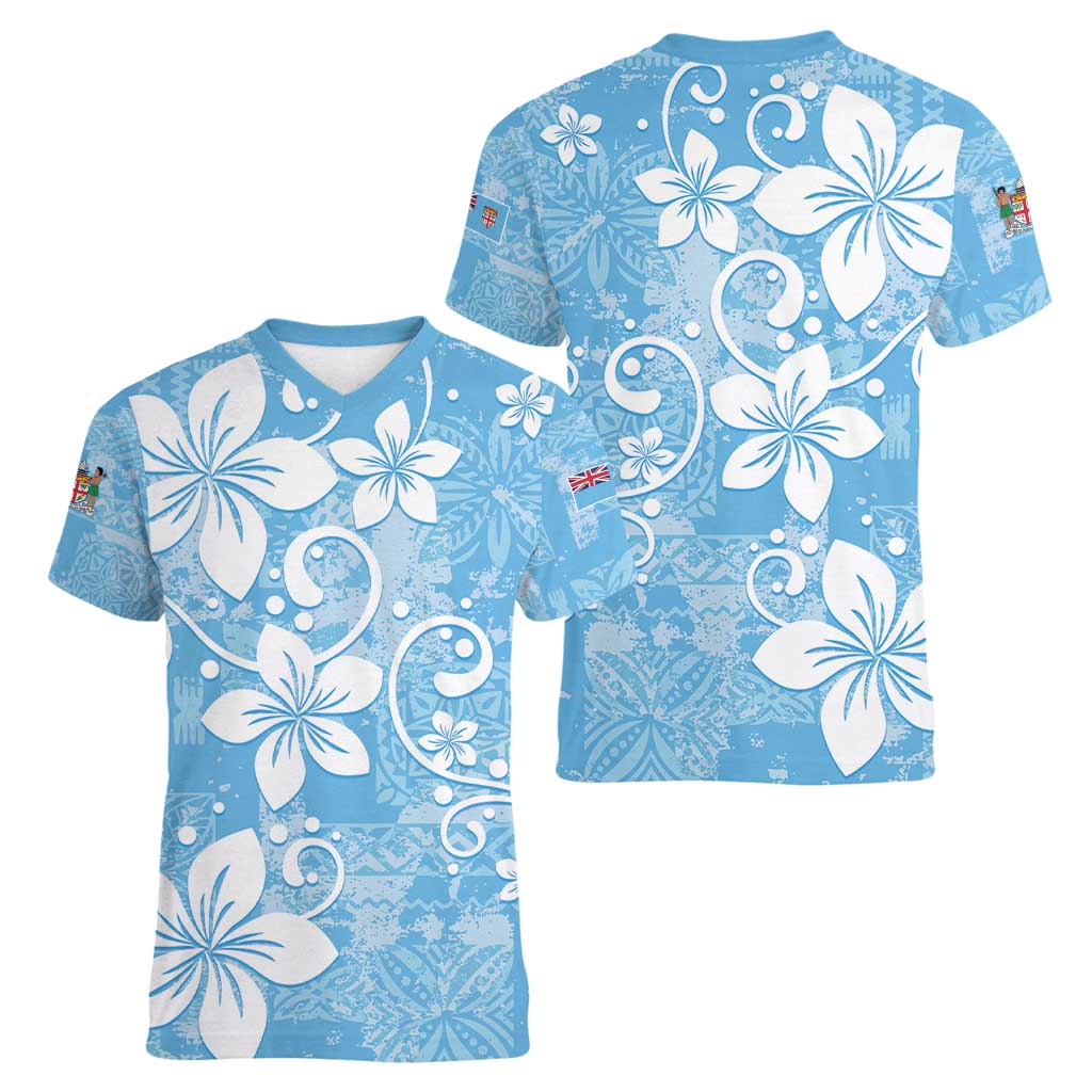 Fiji Tapa Pattern Women V-Neck T-Shirt Plumeria Floral LT01 - Polynesian Pride