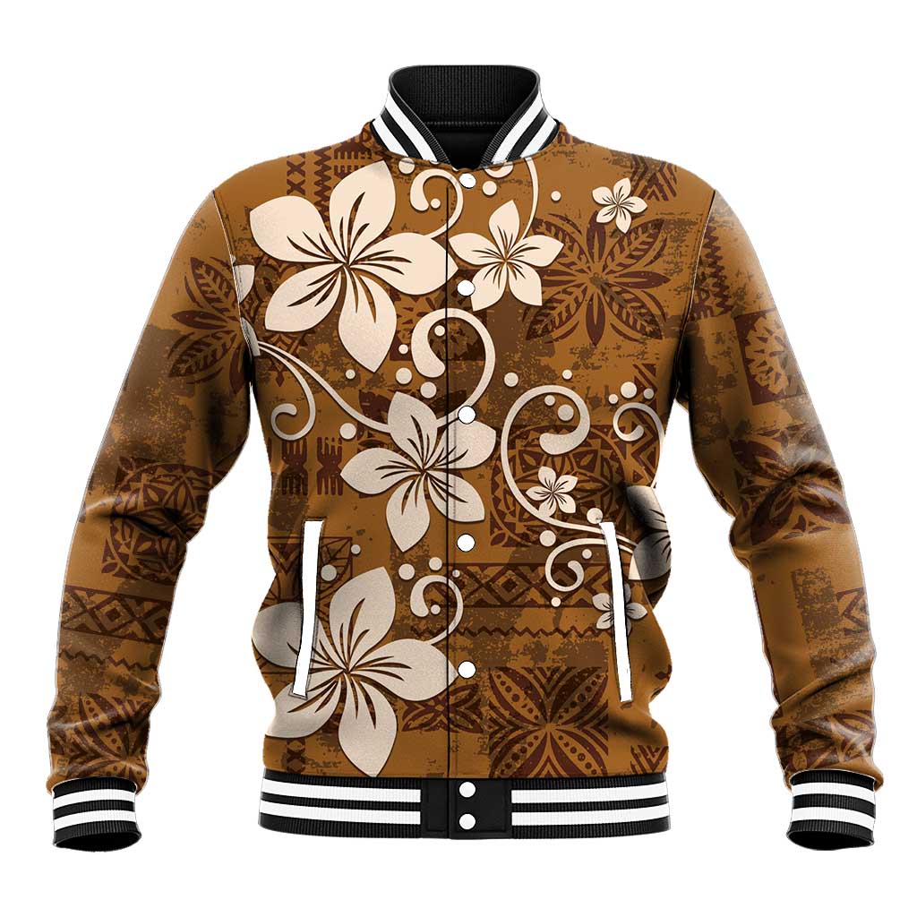 Plumeria Floral Tapa Pattern Vintage Gold Baseball Jacket LT01 Unisex Gold - Polynesian Pride