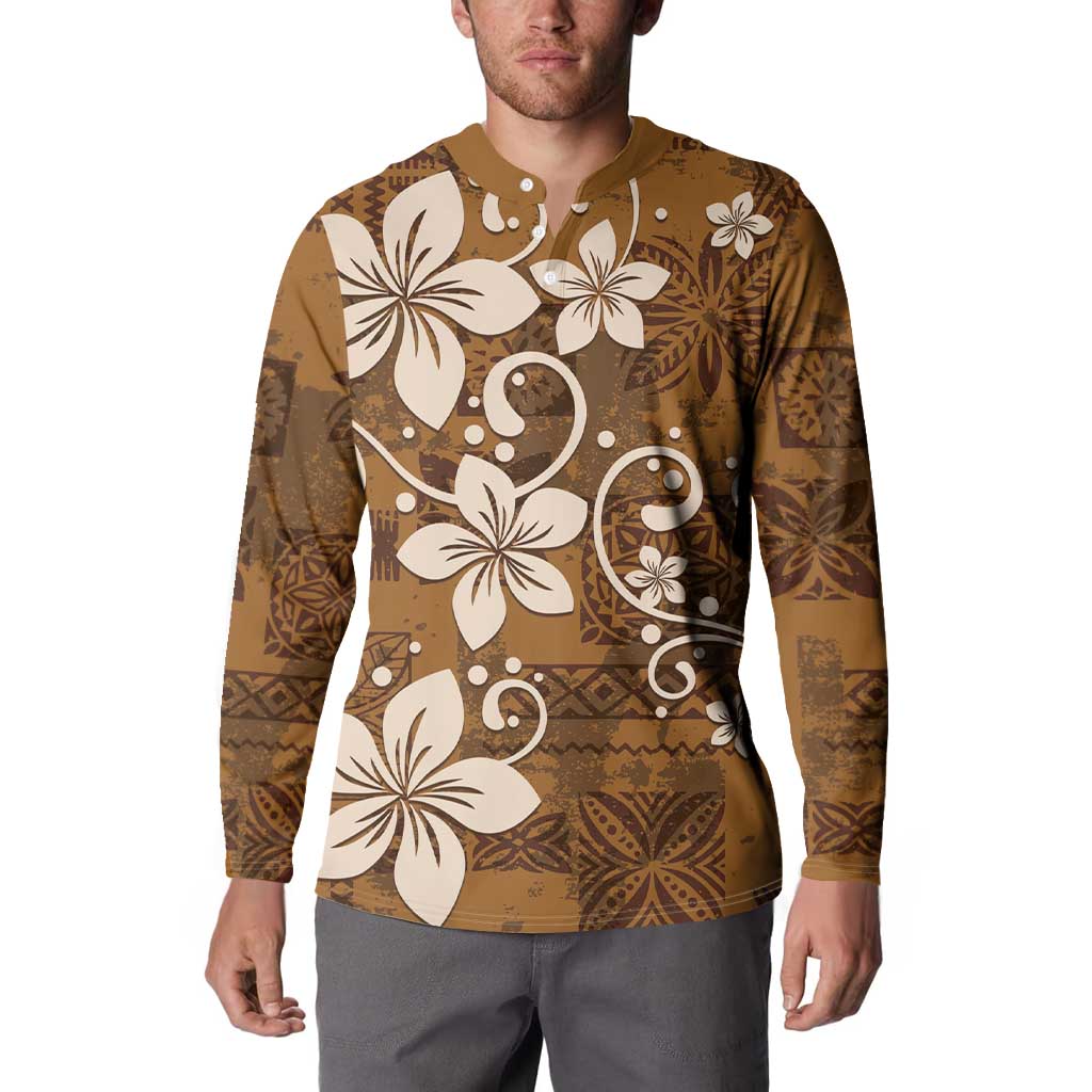 Plumeria Floral Tapa Pattern Vintage Gold Button Sweatshirt LT01 - Polynesian Pride