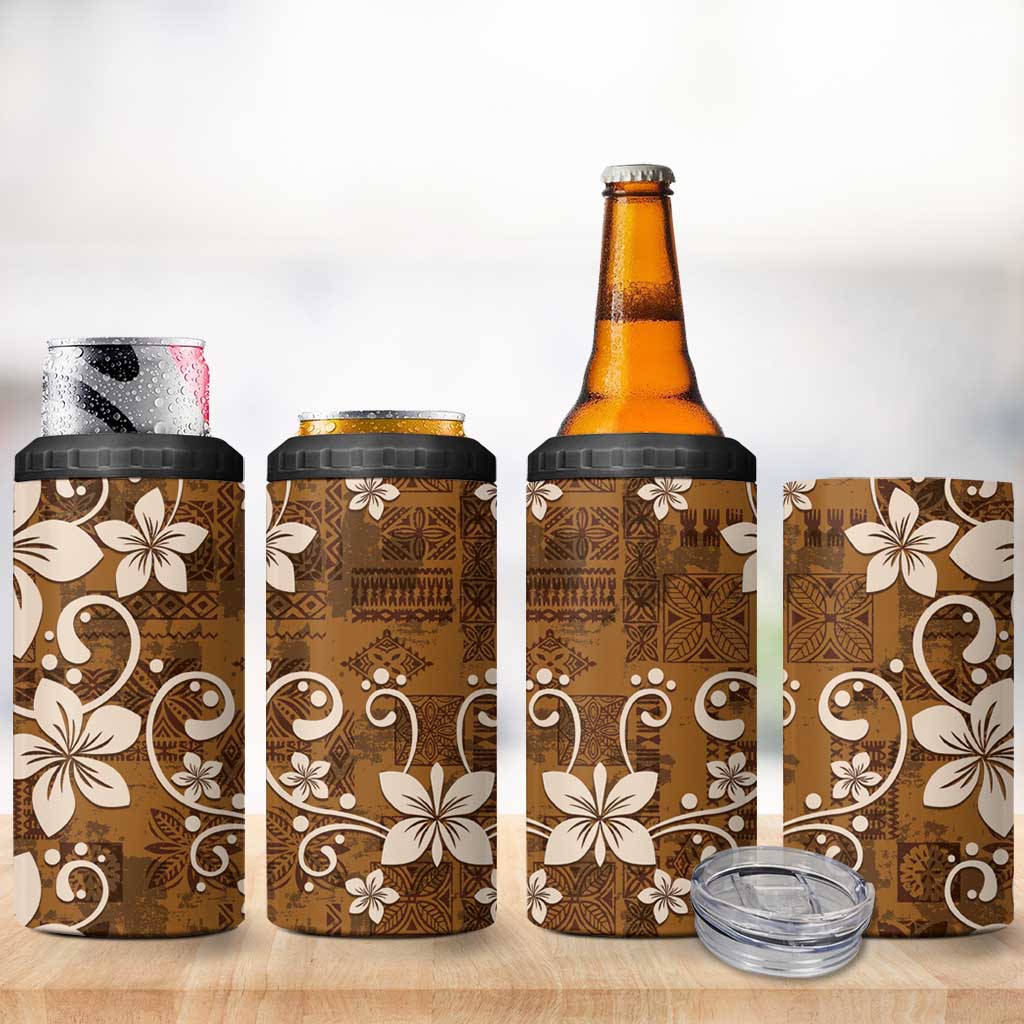 Plumeria Floral Tapa Pattern Vintage Gold 4 in 1 Can Cooler Tumbler
