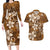 Plumeria Floral Tapa Pattern Vintage Gold Couples Matching Long Sleeve Bodycon Dress and Hawaiian Shirt