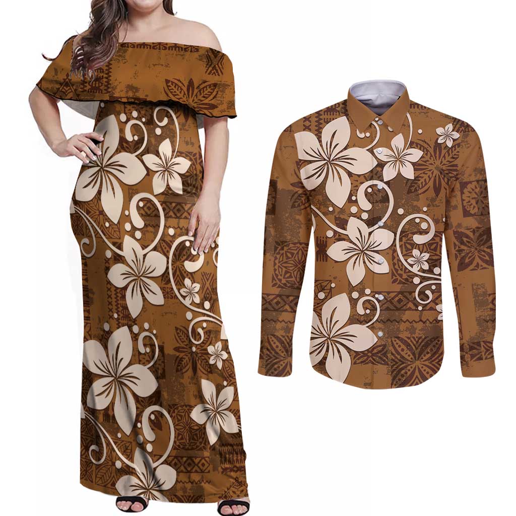 Plumeria Floral Tapa Pattern Vintage Gold Couples Matching Off Shoulder Maxi Dress and Long Sleeve Button Shirt LT01 Gold - Polynesian Pride