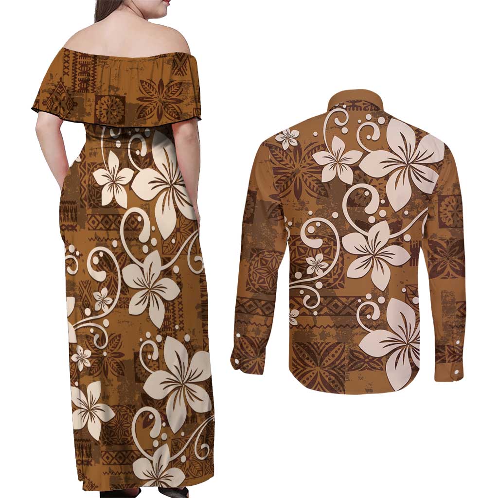 Plumeria Floral Tapa Pattern Vintage Gold Couples Matching Off Shoulder Maxi Dress and Long Sleeve Button Shirt LT01 - Polynesian Pride