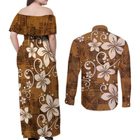 Plumeria Floral Tapa Pattern Vintage Gold Couples Matching Off Shoulder Maxi Dress and Long Sleeve Button Shirt LT01 - Polynesian Pride