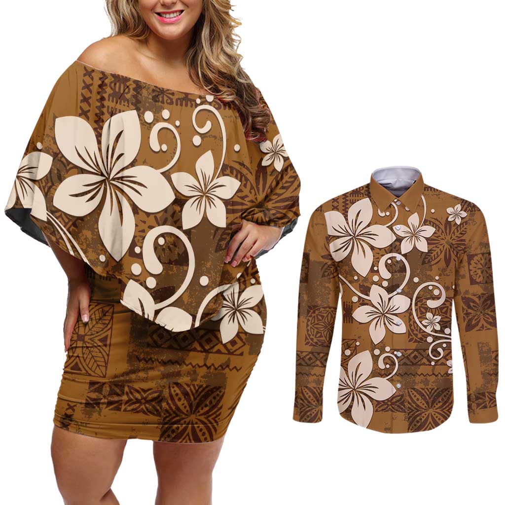 Plumeria Floral Tapa Pattern Vintage Gold Couples Matching Off Shoulder Short Dress and Long Sleeve Button Shirt LT01 Gold - Polynesian Pride