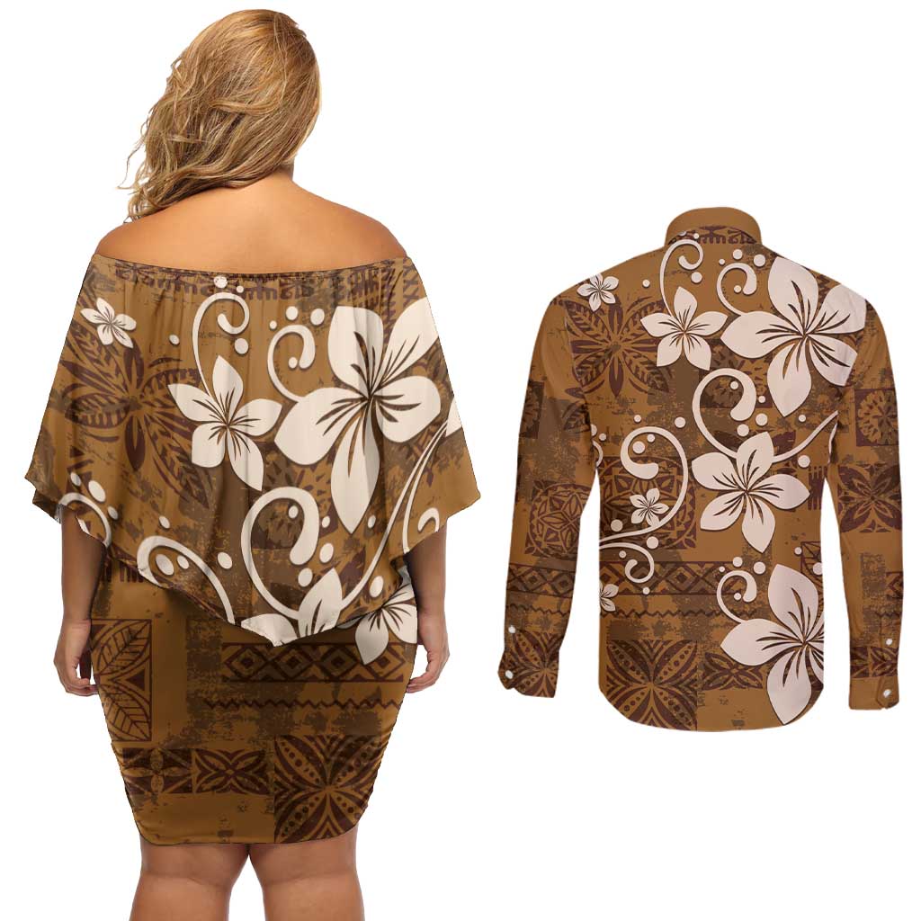 Plumeria Floral Tapa Pattern Vintage Gold Couples Matching Off Shoulder Short Dress and Long Sleeve Button Shirt LT01 - Polynesian Pride