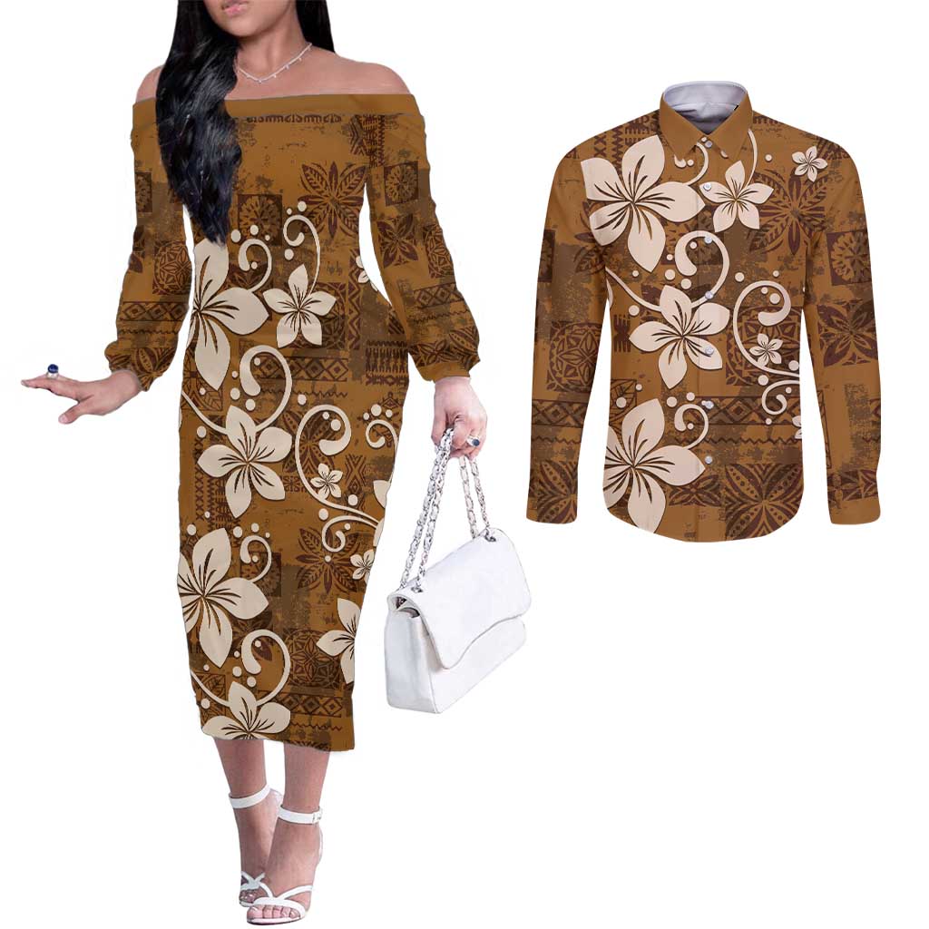 Plumeria Floral Tapa Pattern Vintage Gold Couples Matching Off The Shoulder Long Sleeve Dress and Long Sleeve Button Shirt LT01 Gold - Polynesian Pride