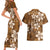 Plumeria Floral Tapa Pattern Vintage Gold Couples Matching Short Sleeve Bodycon Dress and Hawaiian Shirt