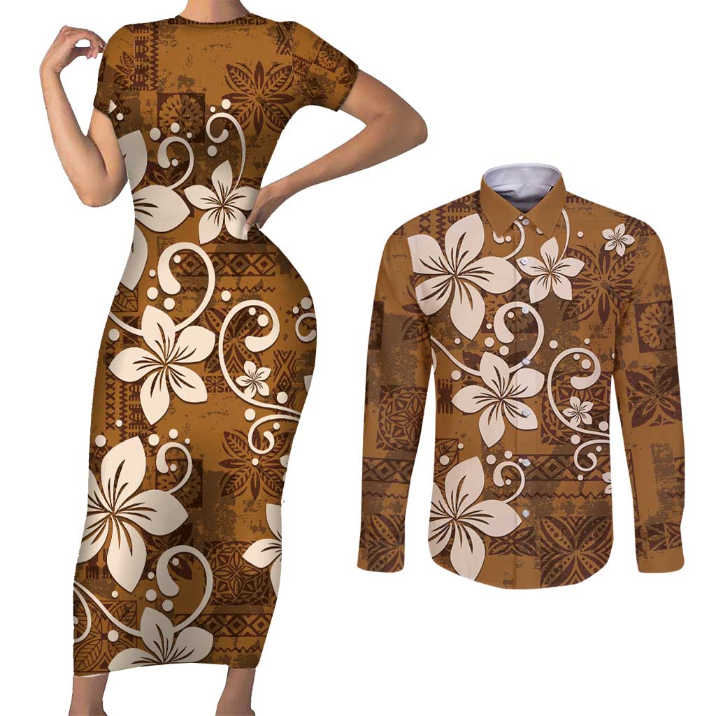 Plumeria Floral Tapa Pattern Vintage Gold Couples Matching Short Sleeve Bodycon Dress and Long Sleeve Button Shirt LT01 Gold - Polynesian Pride