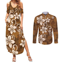 Plumeria Floral Tapa Pattern Vintage Gold Couples Matching Summer Maxi Dress and Long Sleeve Button Shirt LT01 Gold - Polynesian Pride