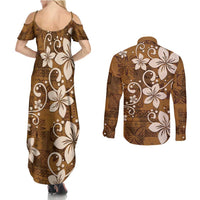 Plumeria Floral Tapa Pattern Vintage Gold Couples Matching Summer Maxi Dress and Long Sleeve Button Shirt LT01 - Polynesian Pride