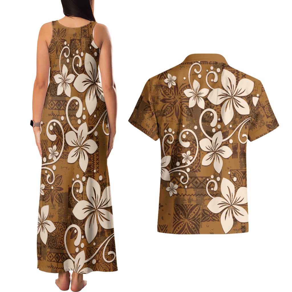 Plumeria Floral Tapa Pattern Vintage Gold Couples Matching Tank Maxi Dress and Hawaiian Shirt LT01 - Polynesian Pride