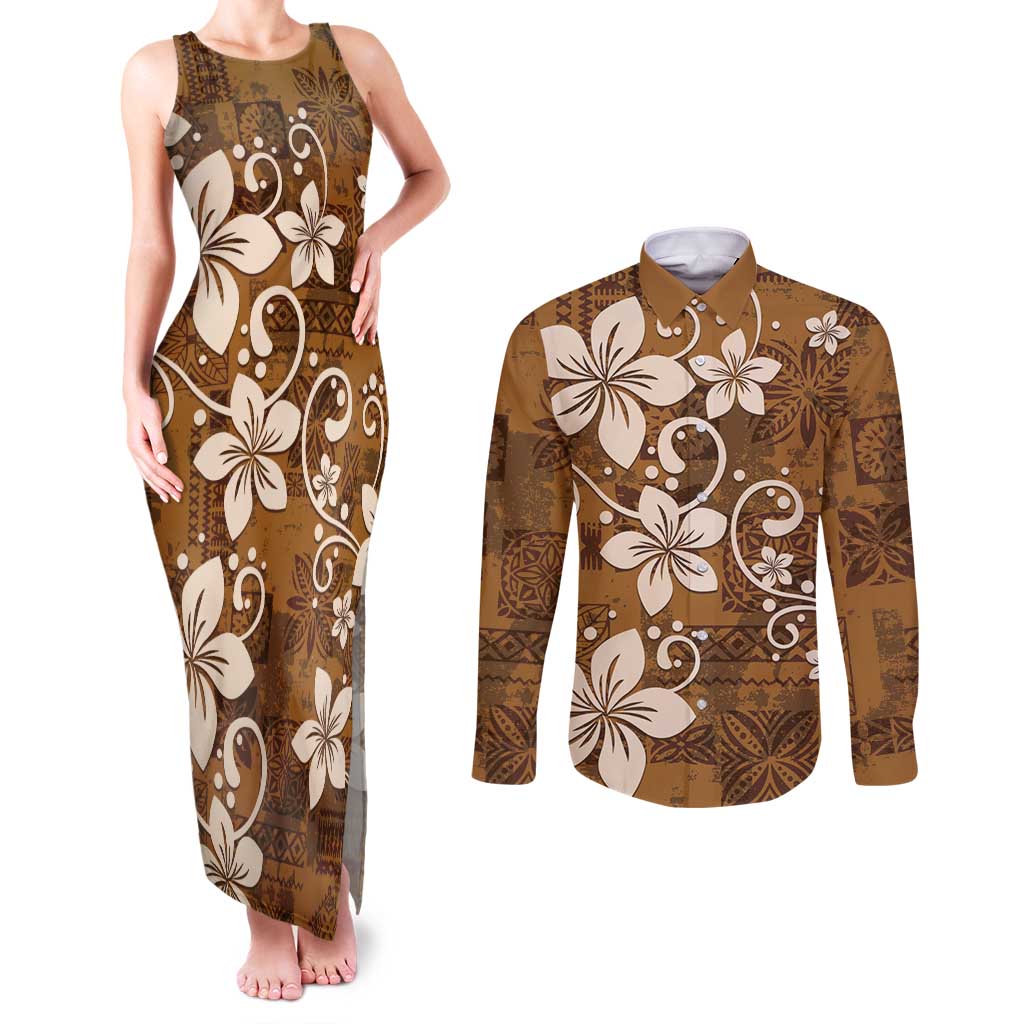 Plumeria Floral Tapa Pattern Vintage Gold Couples Matching Tank Maxi Dress and Long Sleeve Button Shirt LT01 Gold - Polynesian Pride