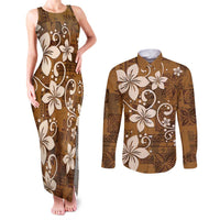 Plumeria Floral Tapa Pattern Vintage Gold Couples Matching Tank Maxi Dress and Long Sleeve Button Shirt LT01 Gold - Polynesian Pride