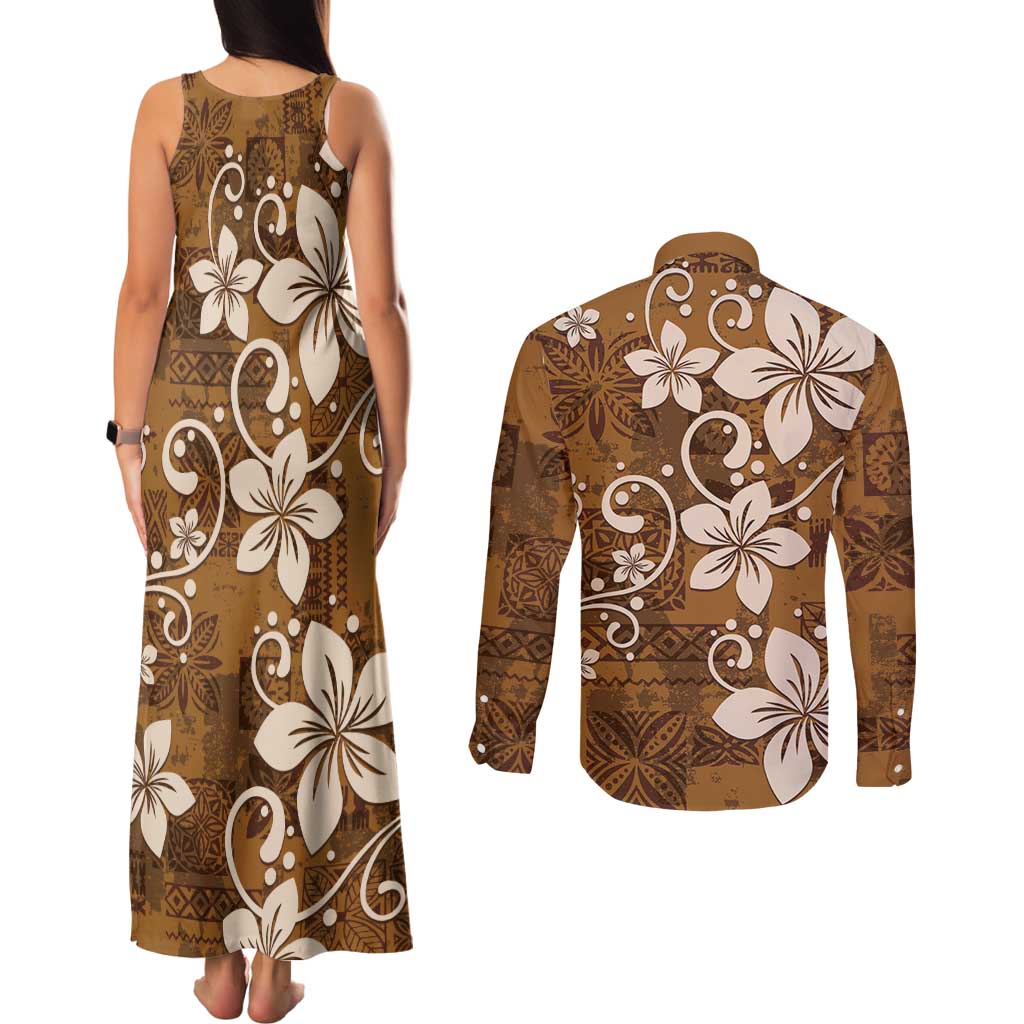Plumeria Floral Tapa Pattern Vintage Gold Couples Matching Tank Maxi Dress and Long Sleeve Button Shirt LT01 - Polynesian Pride