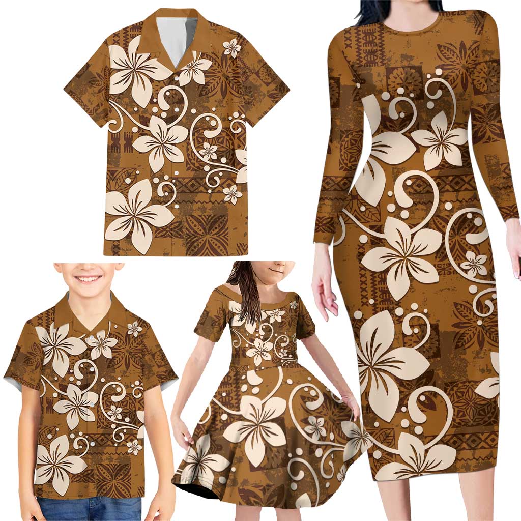 Plumeria Floral Tapa Pattern Vintage Gold Family Matching Long Sleeve Bodycon Dress and Hawaiian Shirt LT01 - Polynesian Pride