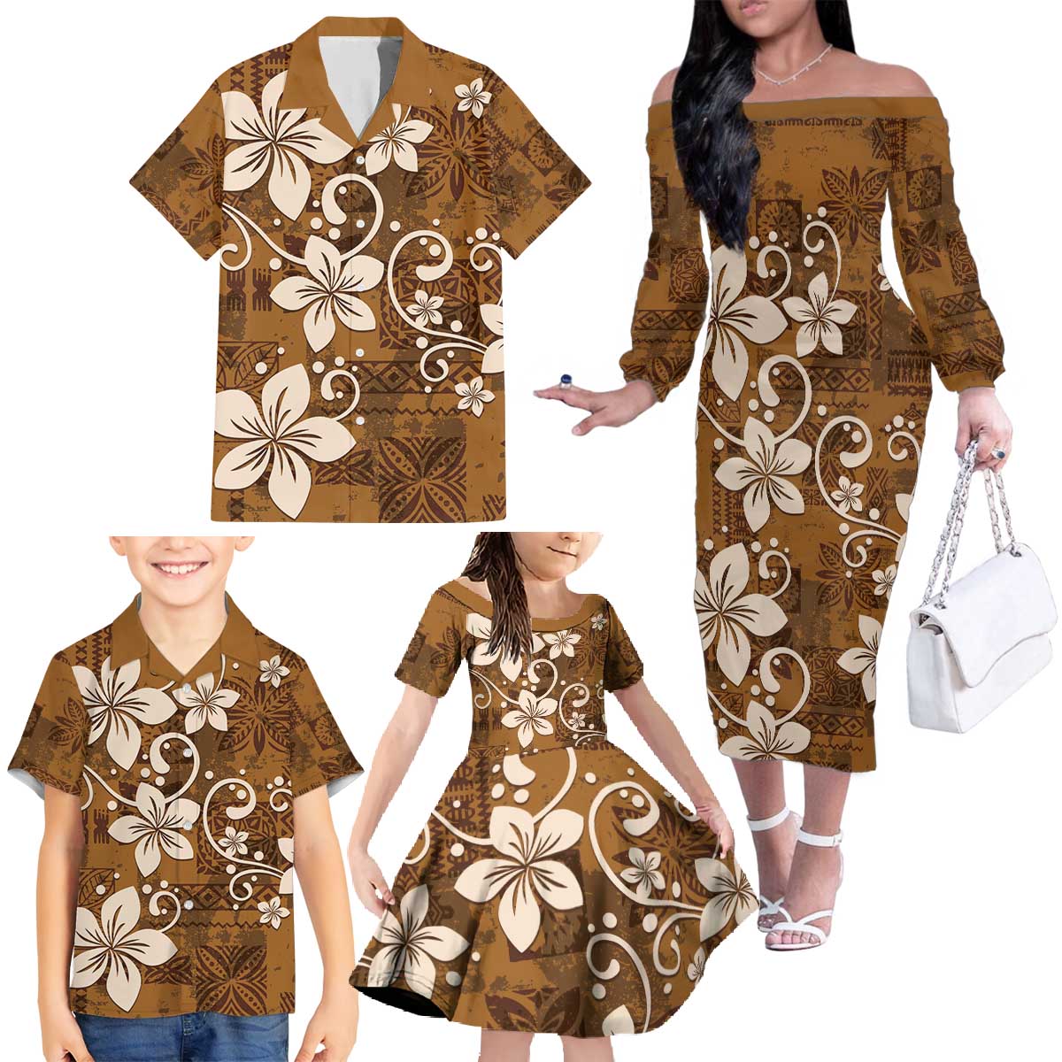 Plumeria Floral Tapa Pattern Vintage Gold Family Matching Off The Shoulder Long Sleeve Dress and Hawaiian Shirt