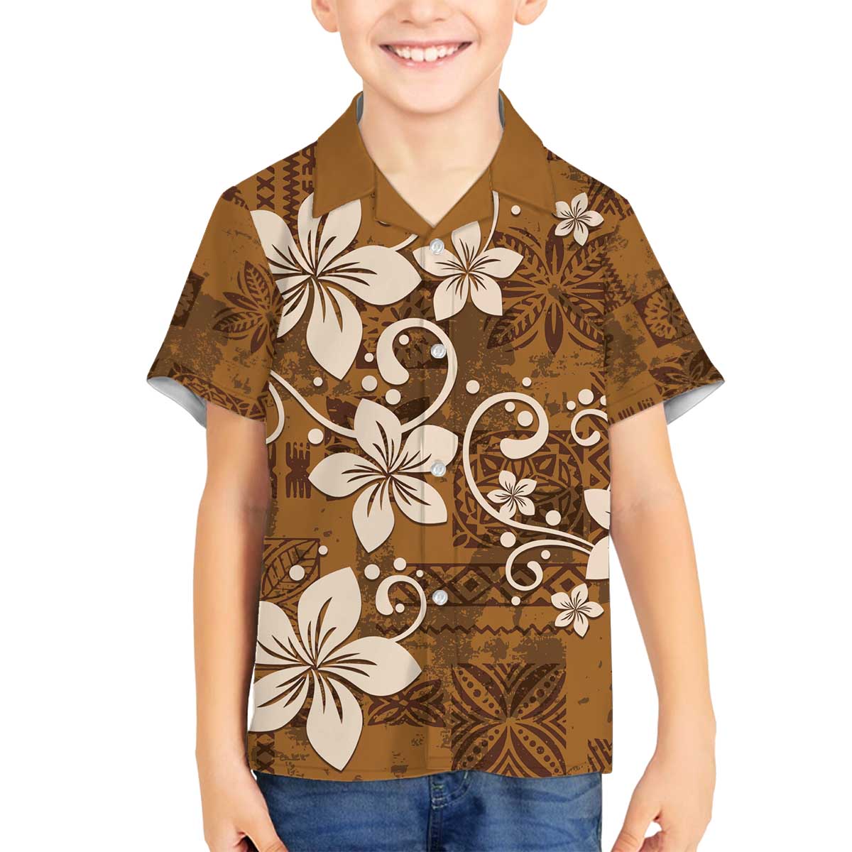 Plumeria Floral Tapa Pattern Vintage Gold Family Matching Off Shoulder Short Dress and Hawaiian Shirt